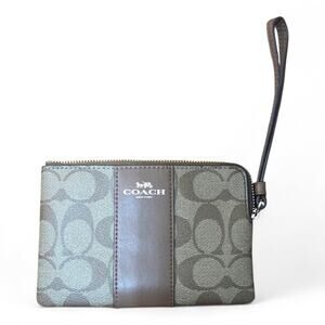 NWT Coach Corner Zip Wristlet Signature Canvas Khaki Saddle 2 Brown Leather NEW